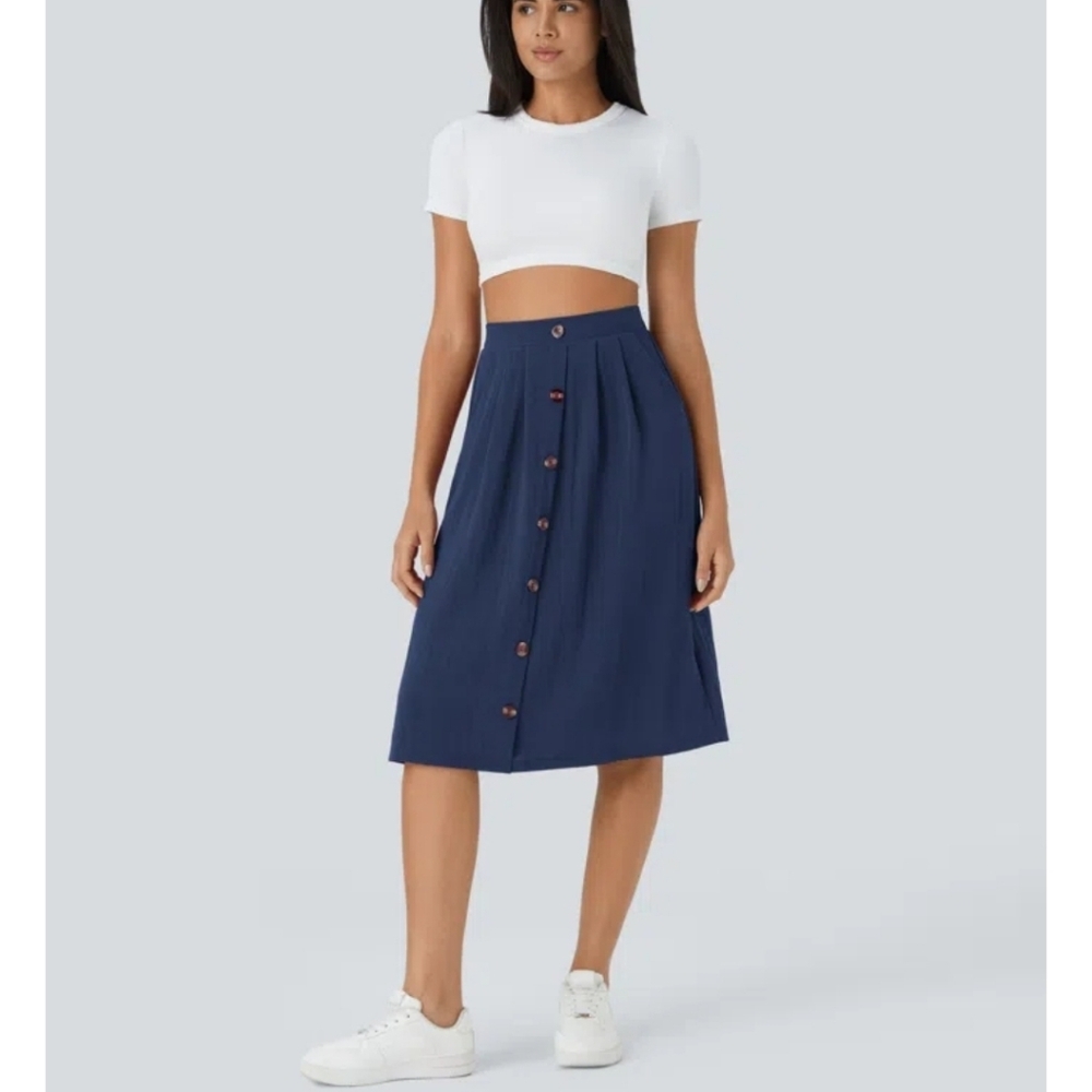 Halara High Waisted Pocket A Line Midi Casual Linen-Feel Skirt 100% Cotton Sz XL